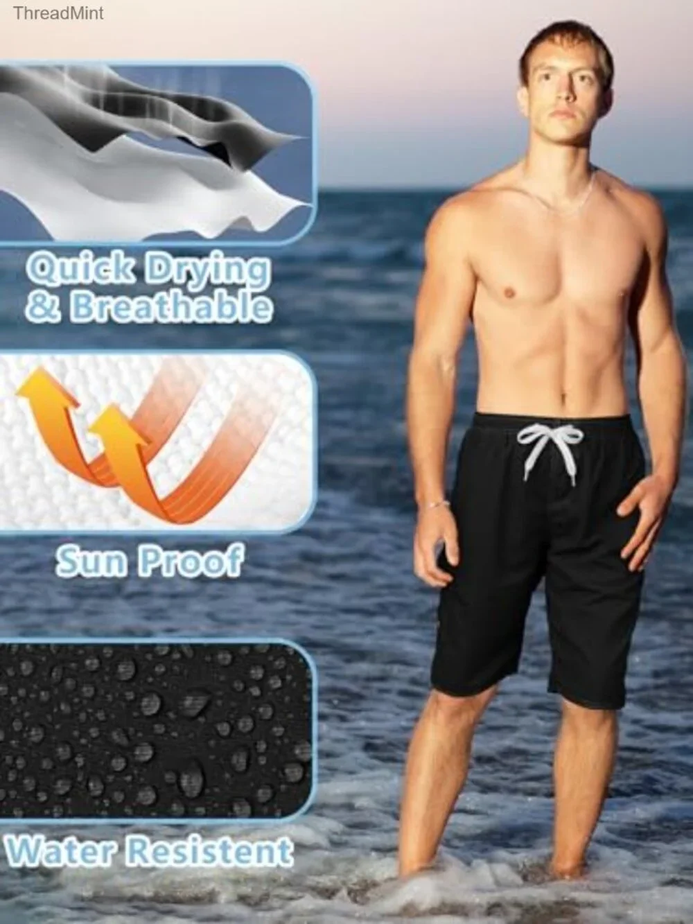 Men's Quick Dry Swim Trunks with Mesh Liner, UPF 50, Drawstring